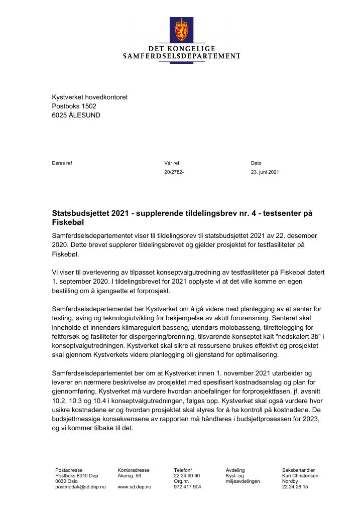 Forsiden av dokumentet Supplerende tildelingsbrev nr. 4 - testsenter på Fiskebøl