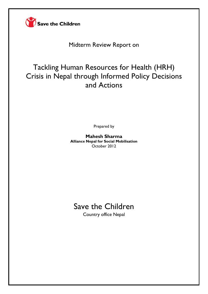 Forsiden av dokumentet Tackling Human Resources for Health (HRH) Crisis in Nepal through Informed Policy Decisions and Actions