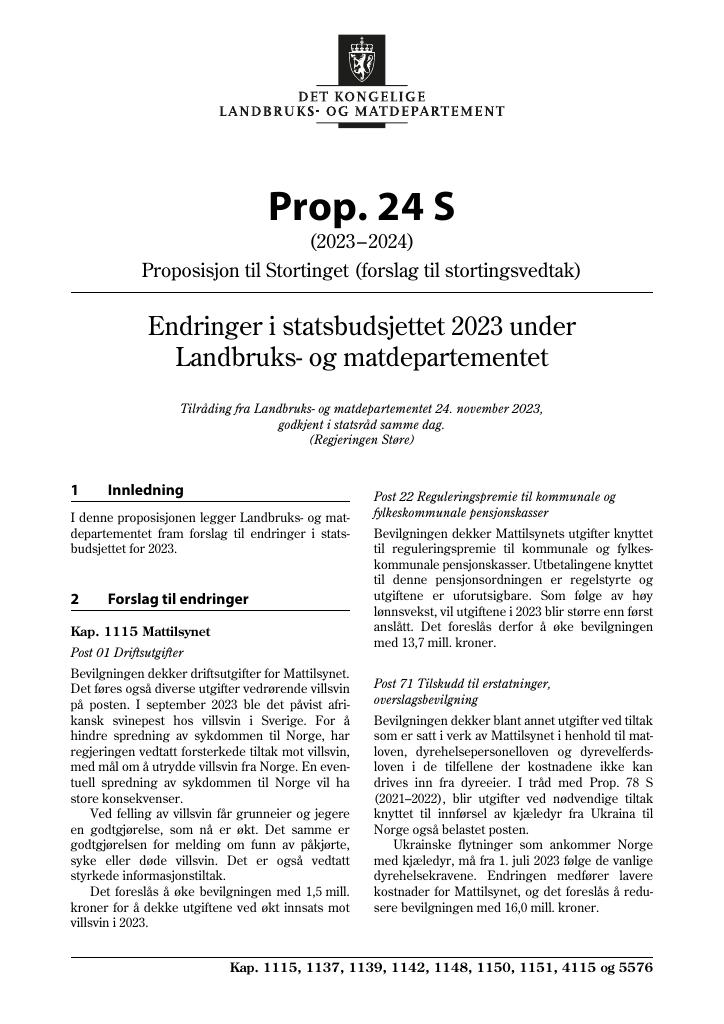 Forsiden av dokumentet Prop. 24 S (2023–2024)