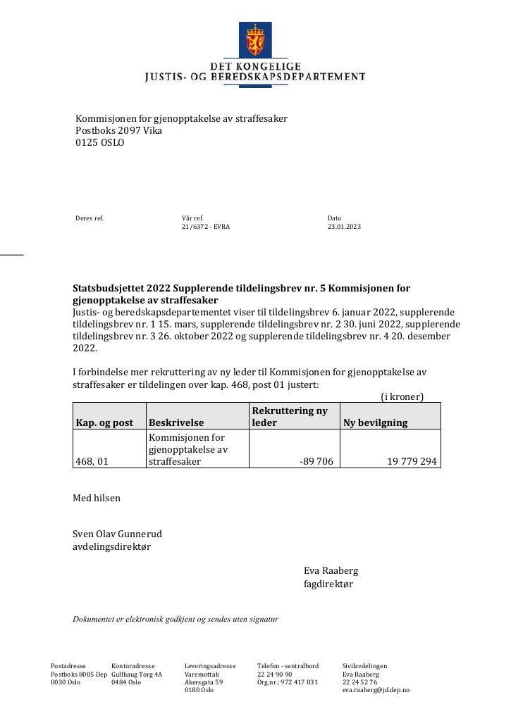 Forsiden av dokumentet Tildelingsbrev Kommisjonen for gjenopptakelse av straffesaker 2022 - nr. 5