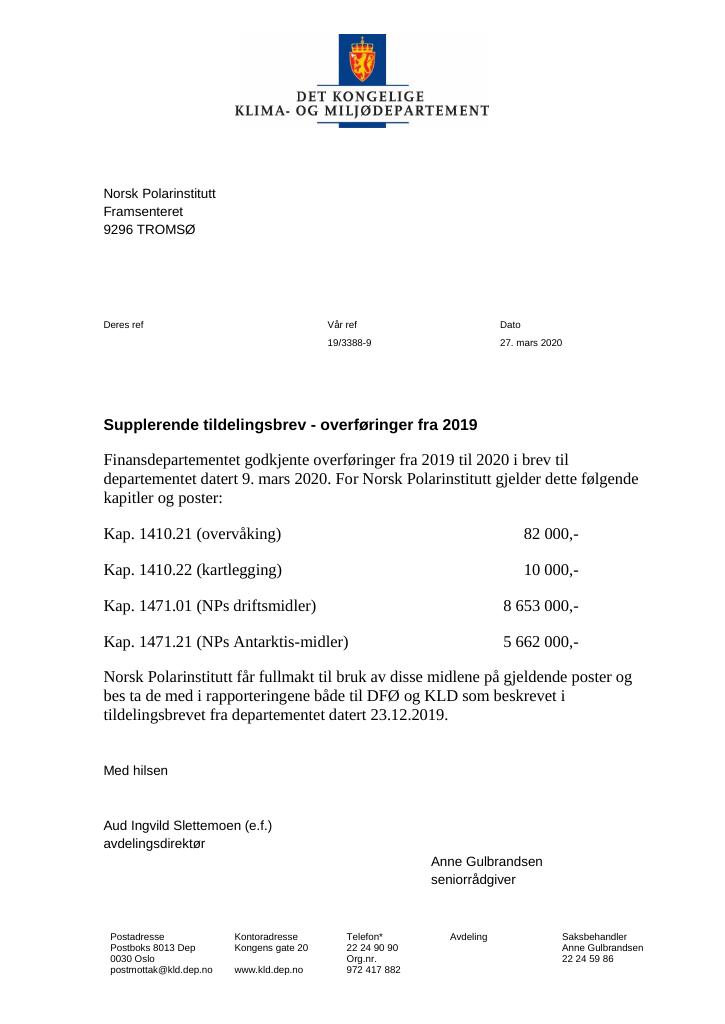 Forsiden av dokumentet Supplerende tildelingsbrev Norsk Polarinstitut 2020