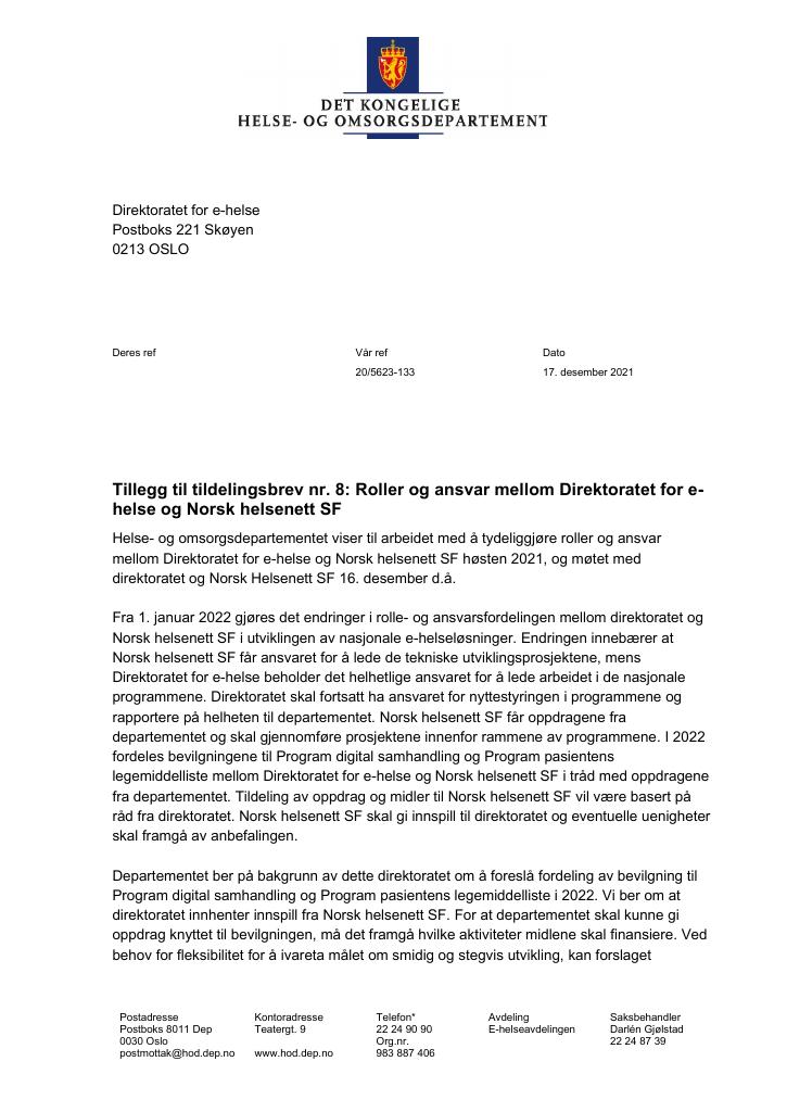 Forsiden av dokumentet Tildelingsbrev Direktoratet for e-helse 2021 - tillegg nr. 8