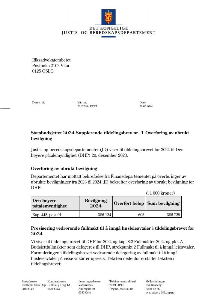 Forsiden av dokumentet Tildelingsbrev Riksadvokaten (Den høyere påtalemyndighet) 2024 - tillegg nr. 1