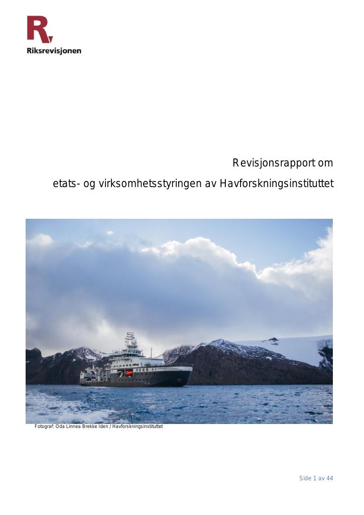 Forsiden av dokumentet Revisjonsrapport om etats- og virksomhetsstyringen av Havforskningsinstituttet