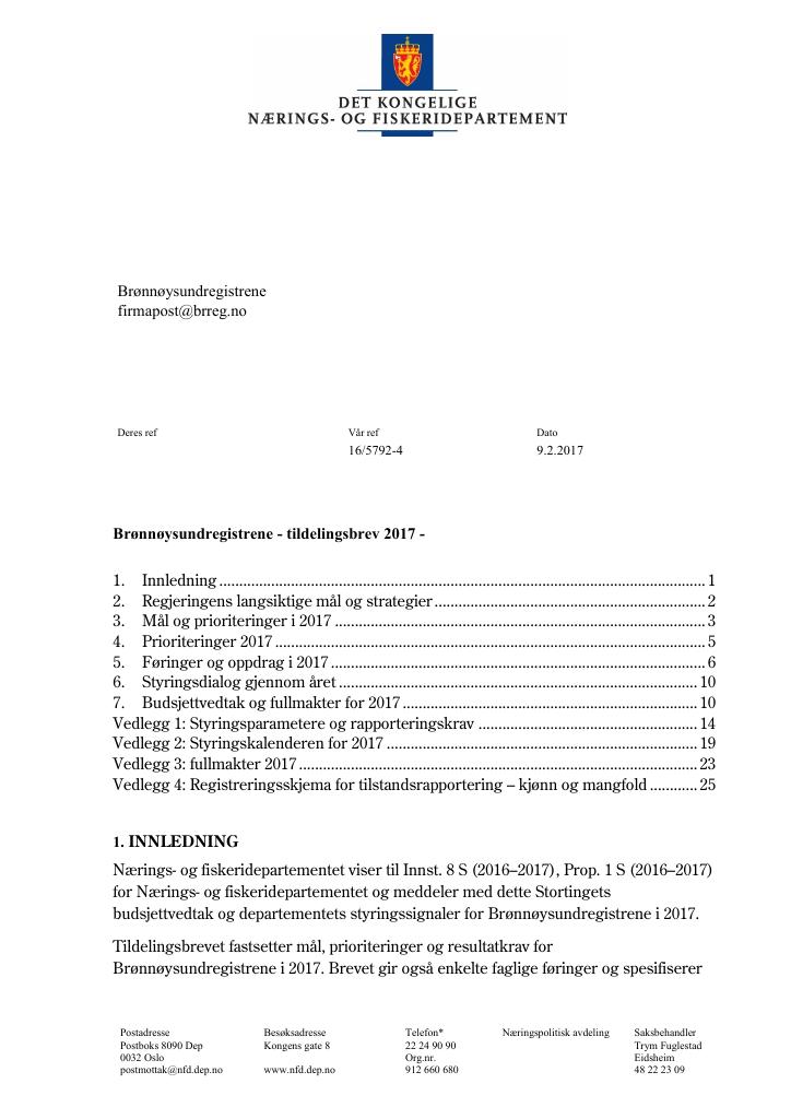 Forsiden av dokumentet Tildelingsbrev