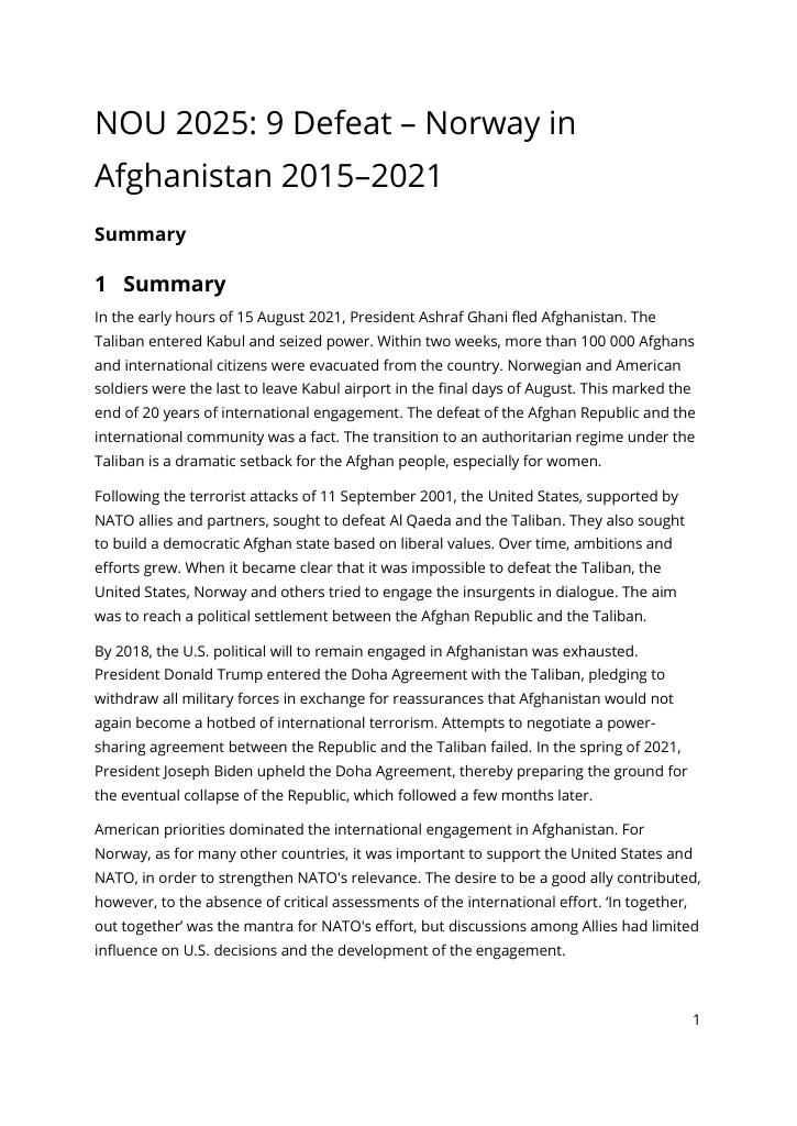 Forsiden av dokumentet NOU 2025: 9 Defeat – Norway in Afghanistan 2015–2021