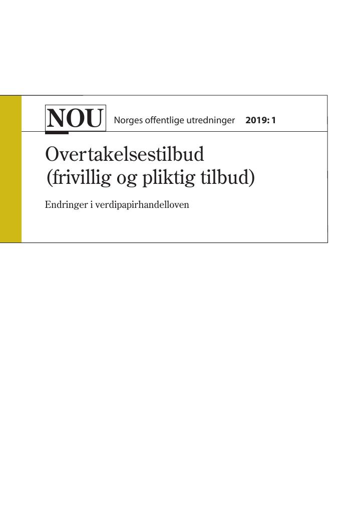 Forsiden av dokumentet NOU 2019: 1 - Overtakelsestilbud  (frivillig og pliktig tilbud)