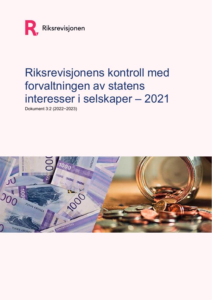 Forsiden av dokumentet Kontroll med forvaltningen av statens interesser i selskaper ─ 2021