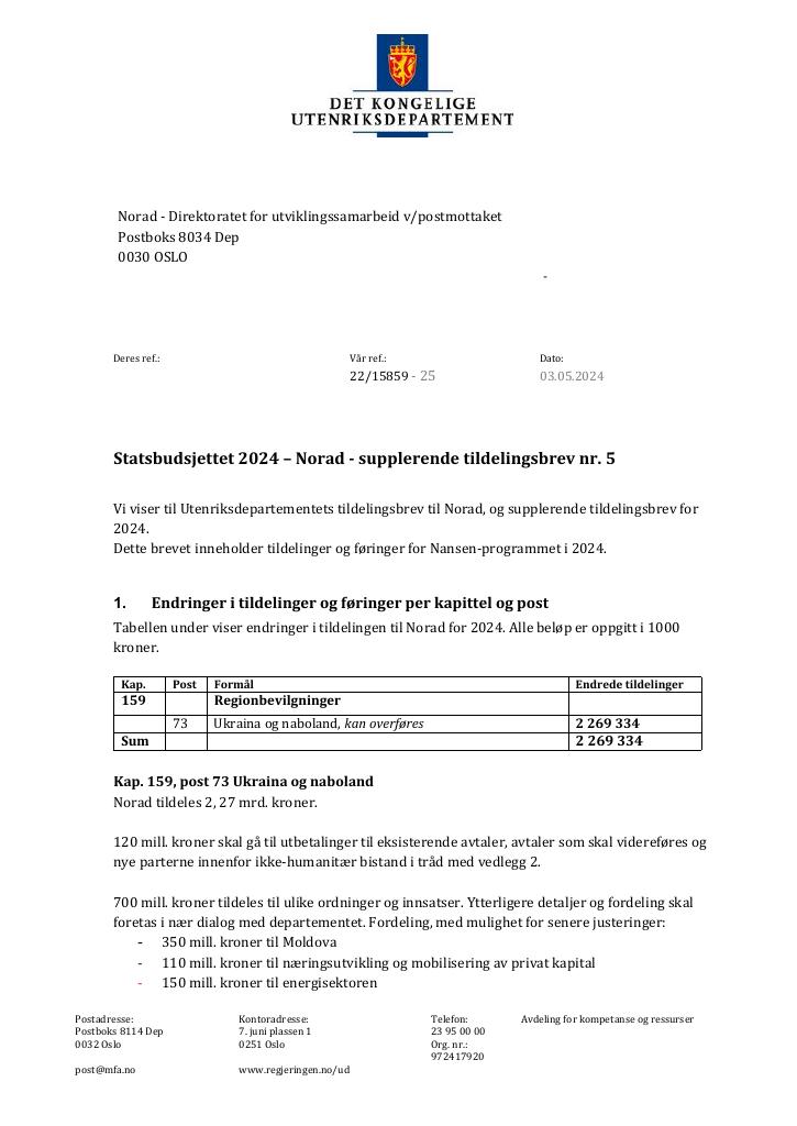 Forsiden av dokumentet Tildelingsbrev Norad 2024 - tillegg nr. 5
