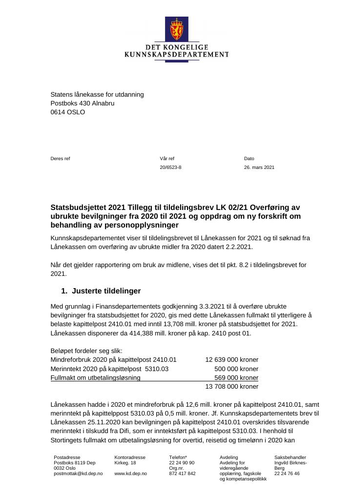 Forsiden av dokumentet Tildelingsbrev Lånekassen 2021 - tillegg nr. 2