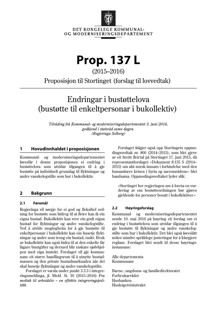 Forsiden av dokumentet Prop. 137 L (2015–2016)