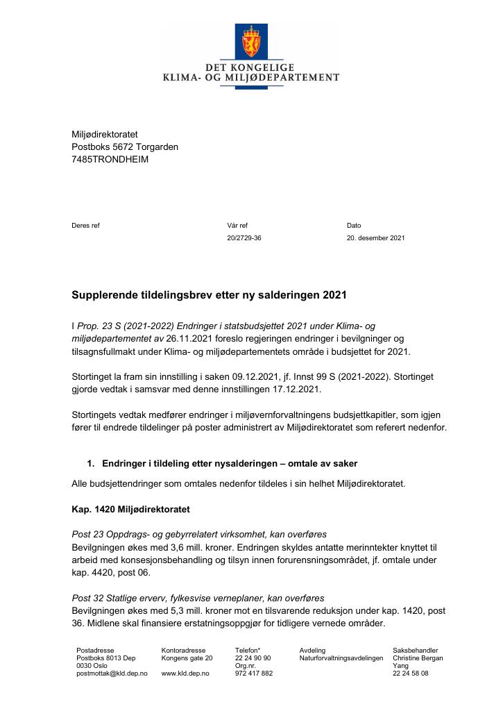 Forsiden av dokumentet Tildelingsbrev Miljødirektoratet 2021 - tillegg