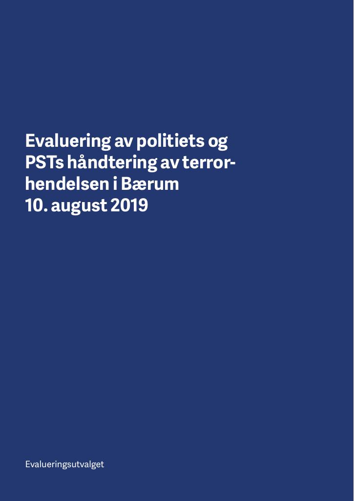 Forsiden av dokumentet Evaluering av politiets og PSTs håndtering av terrorhendelsen i Bærum 10. august 2019