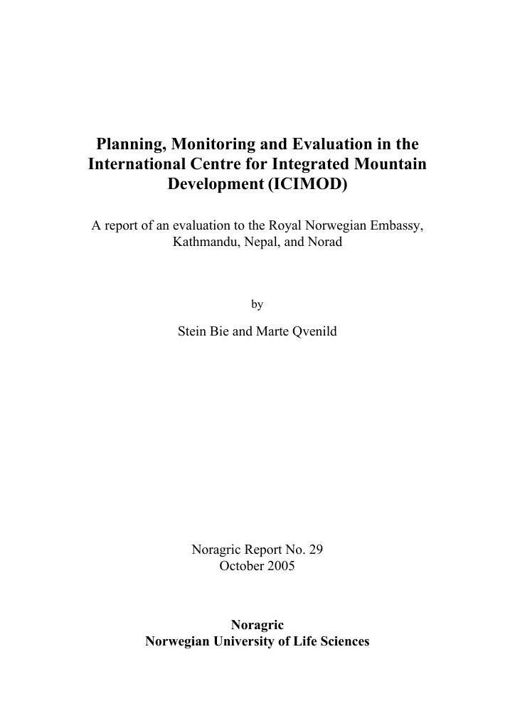 Forsiden av dokumentet Planning, Monitoring and Evaluation in the International Centre for Integrated Mountain Development (ICIMOD)
