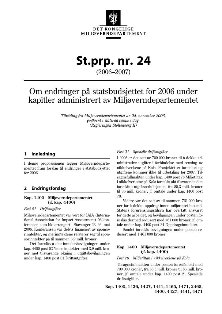 Forsiden av dokumentet St.prp. nr. 24 (2006-2007)