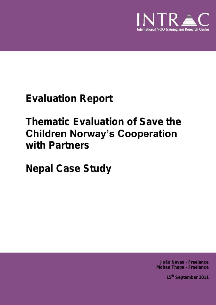 Forsiden av dokumentet Thematic Evaluation of Save the Children Norway's Cooperation with Partners - Nepal Case Study