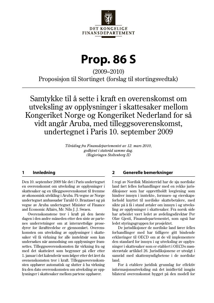 Forsiden av dokumentet Prop. 86 S (2009–2010)