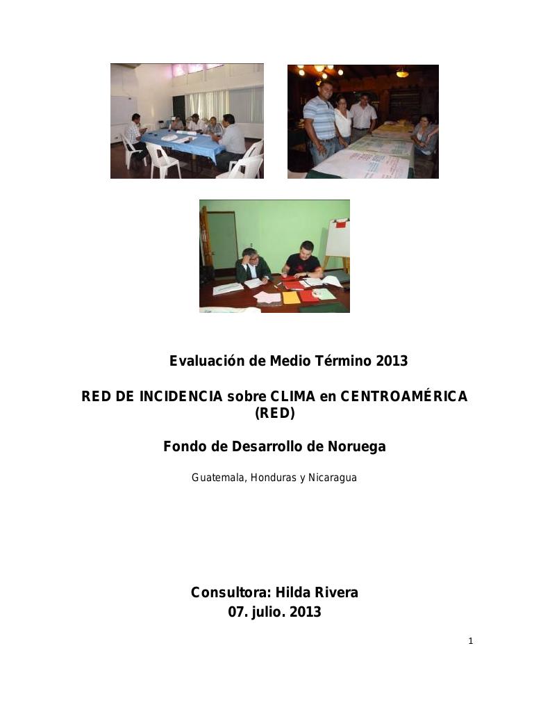 Forsiden av dokumentet Final evaluación RED DE INCIDENCIA sobre CLIMA en CENTROAMÉRICA (RED)