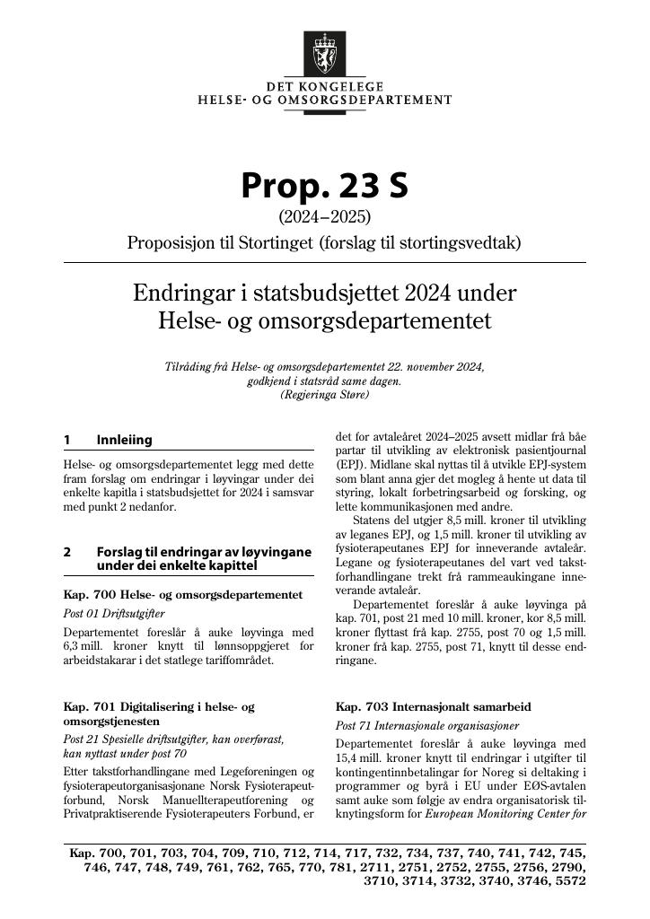 Forsiden av dokumentet Prop. 23 S (2024–2025)
