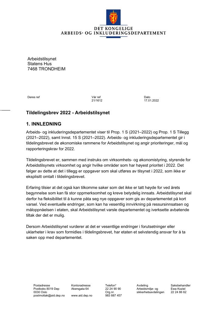 Forsiden av dokumentet Tildelingsbrev Arbeidstilsynet 2022