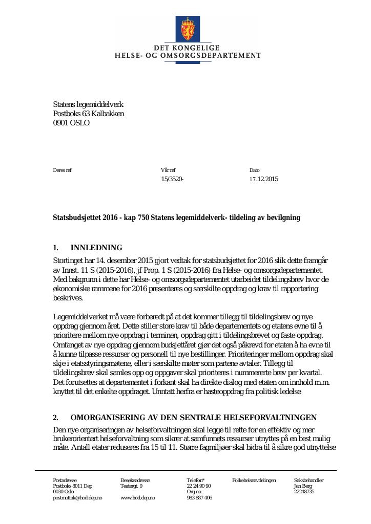 Forsiden av dokumentet Tildelingsbrev (pdf)