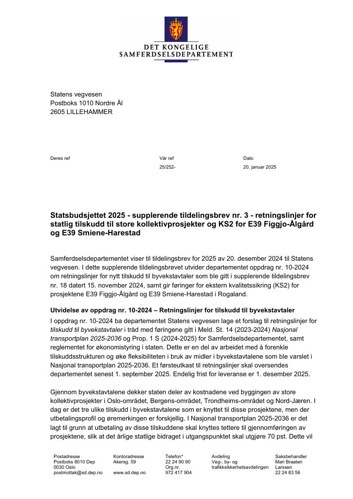 Forsiden av dokumentet Tildelingsbrev Statens vegvesen 2025 - tillegg nr. 3