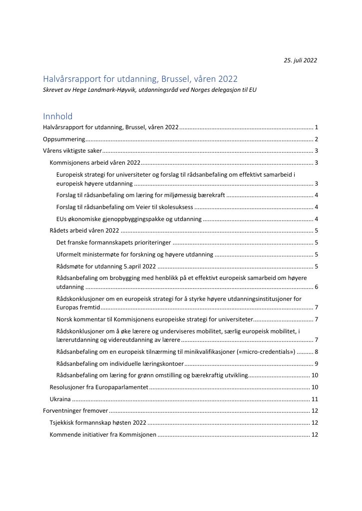 Forsiden av dokumentet Halvårsrapport for utdanning, Brussel, våren 2022