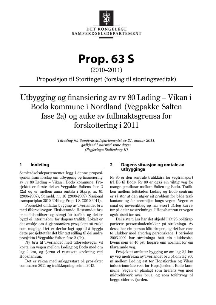 Forsiden av dokumentet Prop. 63 S (2010–2011)