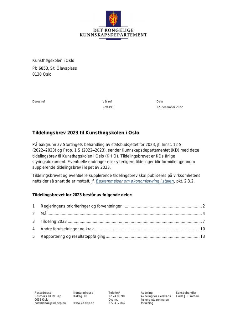 Forsiden av dokumentet Tildelingsbrev Kunsthøgskolen i Oslo 2023