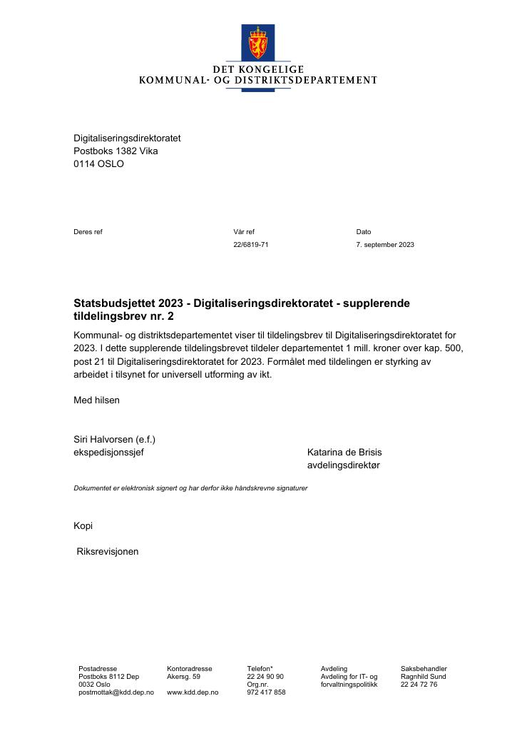 Forsiden av dokumentet tilleggsbrev 2(pdf) 2023