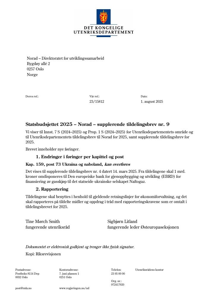 Forsiden av dokumentet Tildelingsbrev Norad 2025 – supplerende tildelingsbrev nr. 9