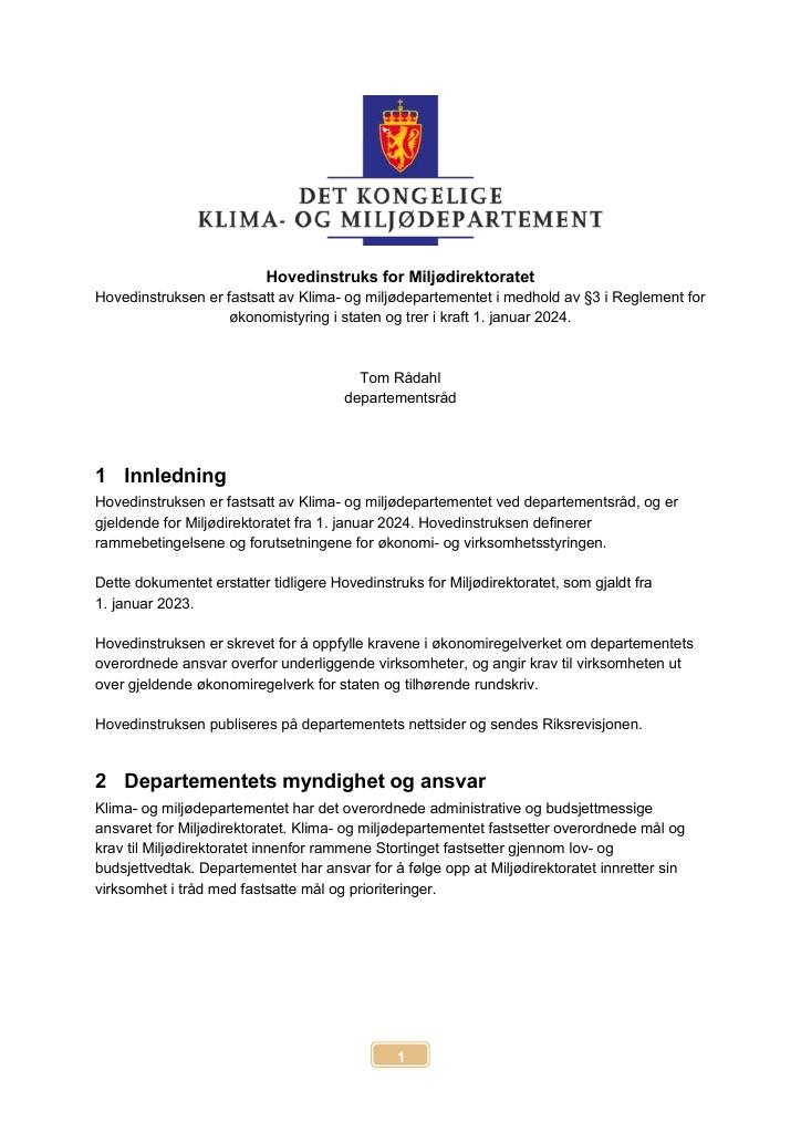 Forsiden av dokumentet Hovedinstruks Miljødirektoratet 2024