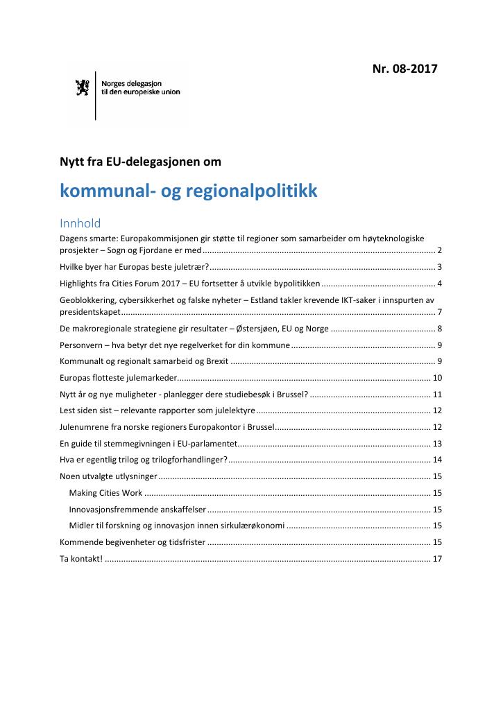 Forsiden av dokumentet Nytt fra EU-delegasjonen om kommunal- og regionalpolitikk (8/2017)