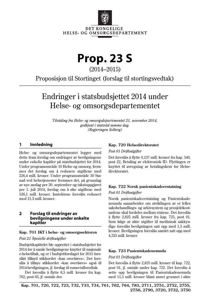 Forsiden av dokumentet Prop. 23 S (2014–2015)