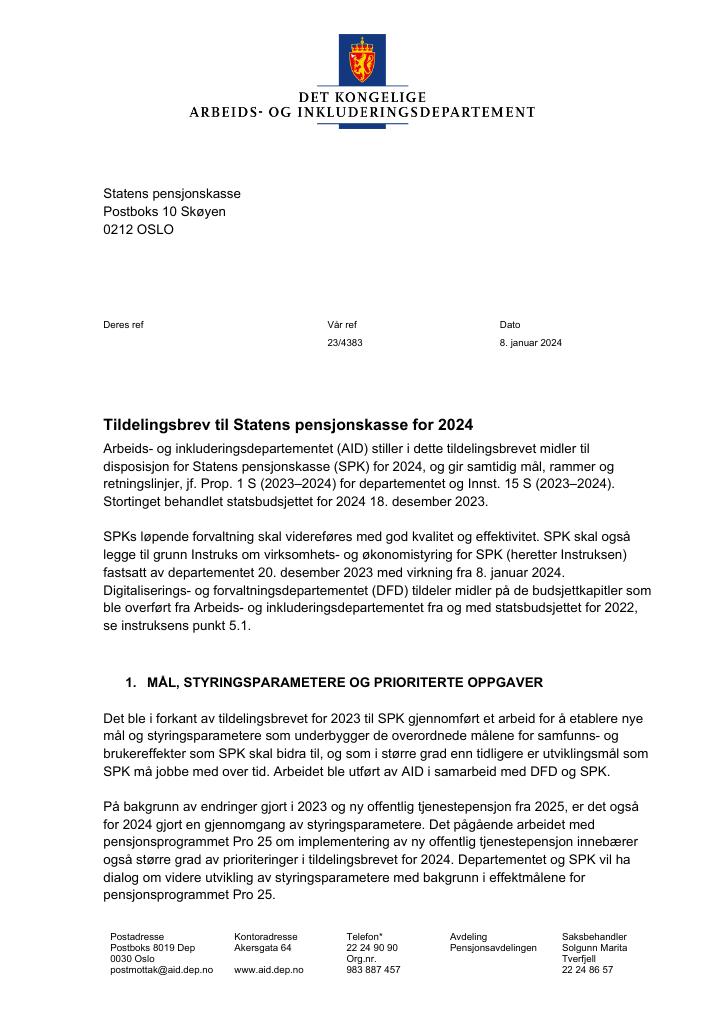 Forsiden av dokumentet Tildelingsbrev Statens pensjonskasse 2024