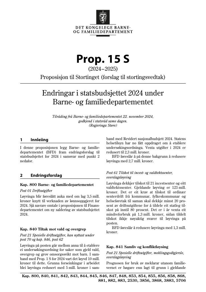 Forsiden av dokumentet Prop. 15 S (2024–2025)