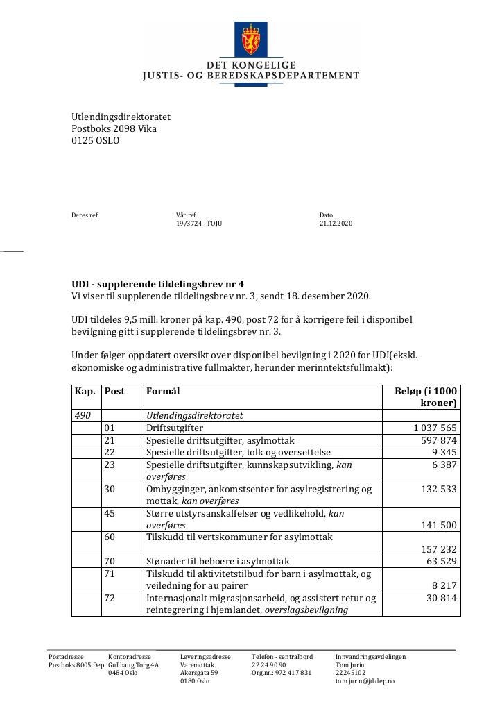 Forsiden av dokumentet Supplerende tildelingsbrev Utlendingsdirektoratet 2020 - tillegg nr. 4