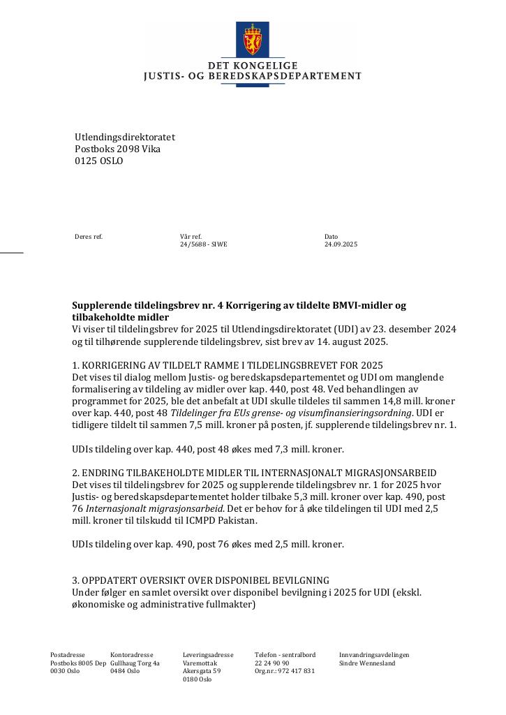 Forsiden av dokumentet Tildelingsbrev Utlendingsdirektoratet 2025 - tillegg nr. 4