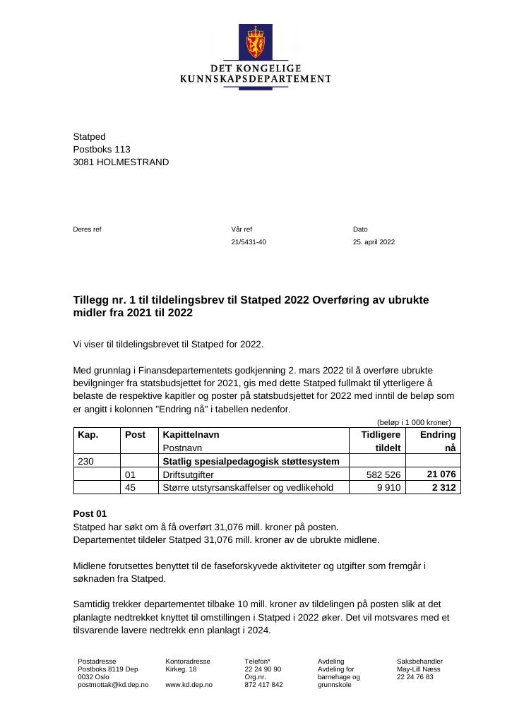 Tildelingsbrev Statped 2022 - Tillegg Nr. 1 - Kudos