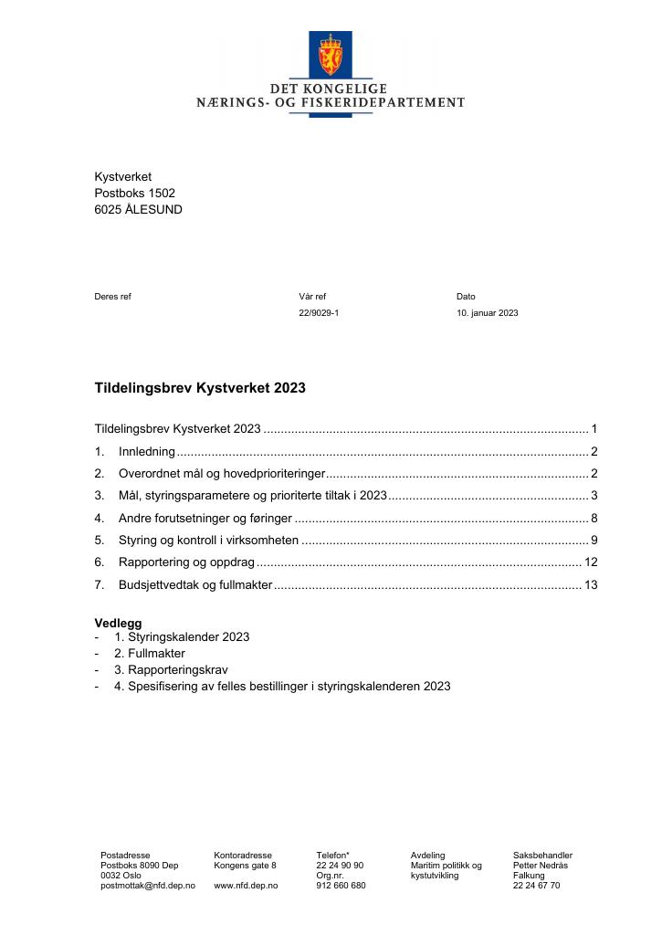 Forsiden av dokumentet Tildelingsbrev Kystverket 2023