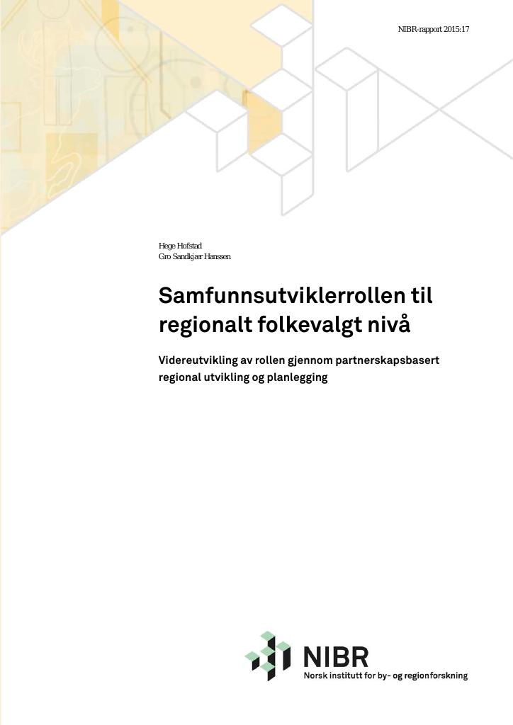 Forsiden av dokumentet Samfunnsutviklerrollen til regionalt folkevalgt nivå
