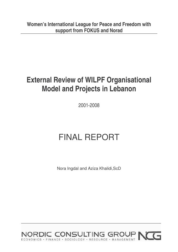 Forsiden av dokumentet External review of WILPF Organisational Model and Projects in Lebanon 2001-2008