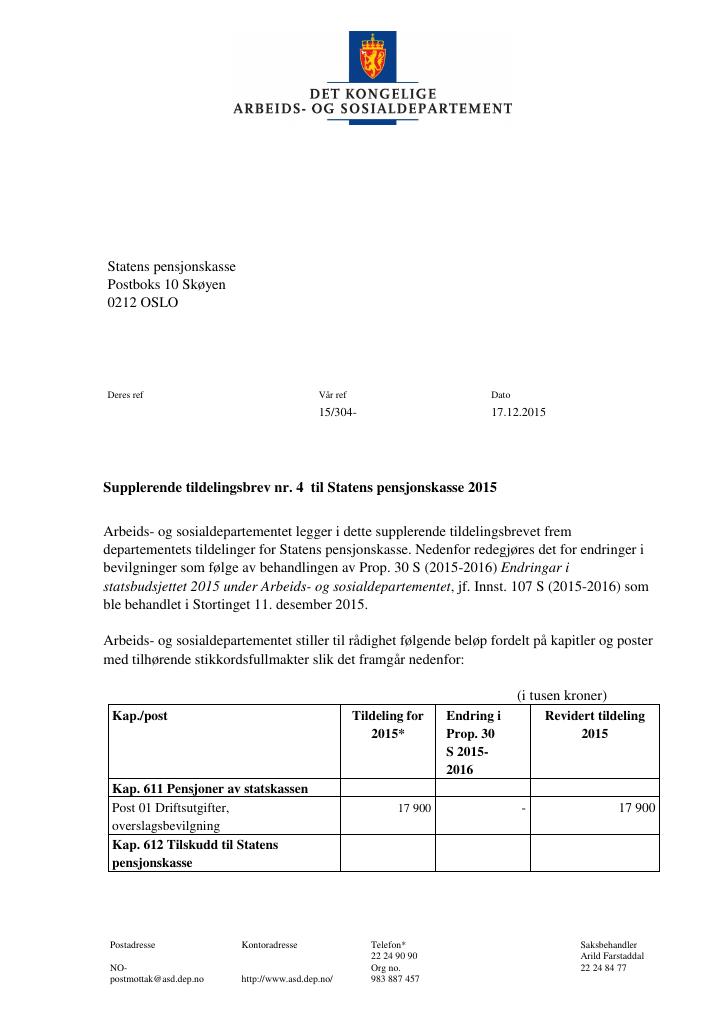 Forsiden av dokumentet Tildelingsbrev Statens pensjonskasse 2015 - tillegg nr. 4