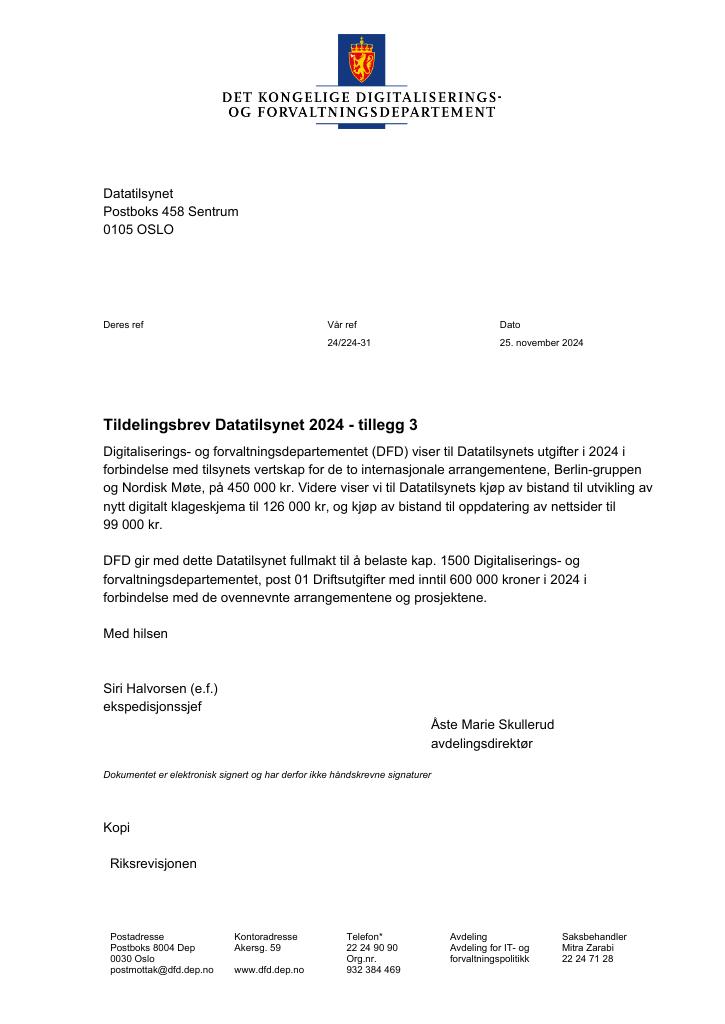 Forsiden av dokumentet Tildelingsbrev Datatilsynet 2024 - tillegg nr. 3