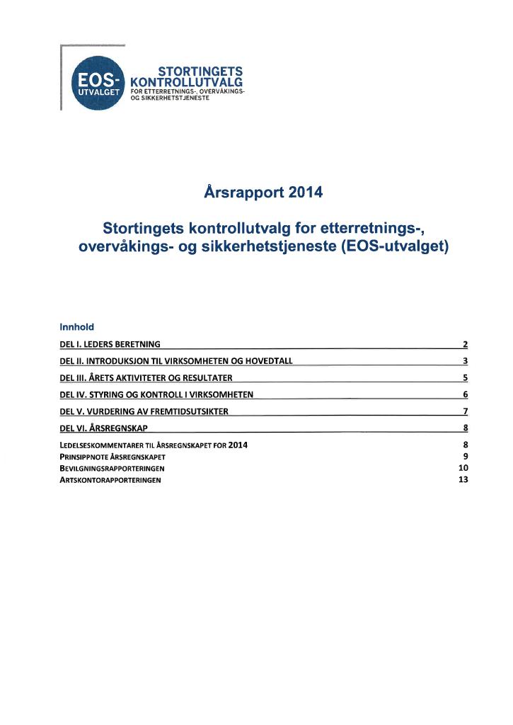 Forsiden av dokumentet Årsrapport EOS-utvalget 2014