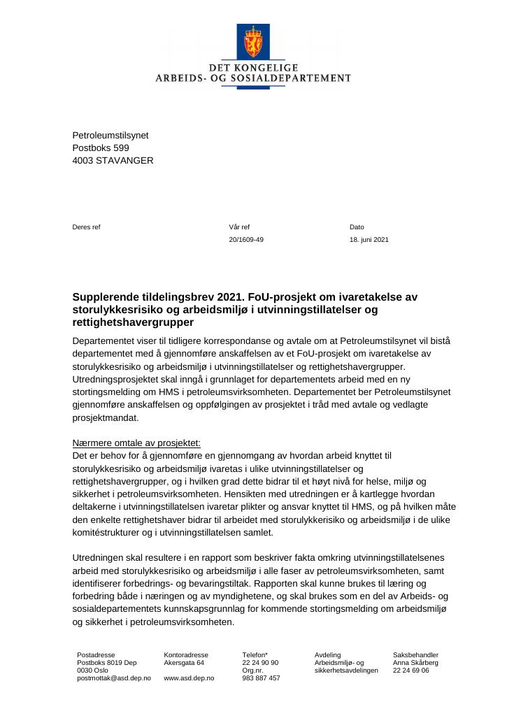 Forsiden av dokumentet Tildelingsbrev Petroleumstilsynet 2021 - tillegg