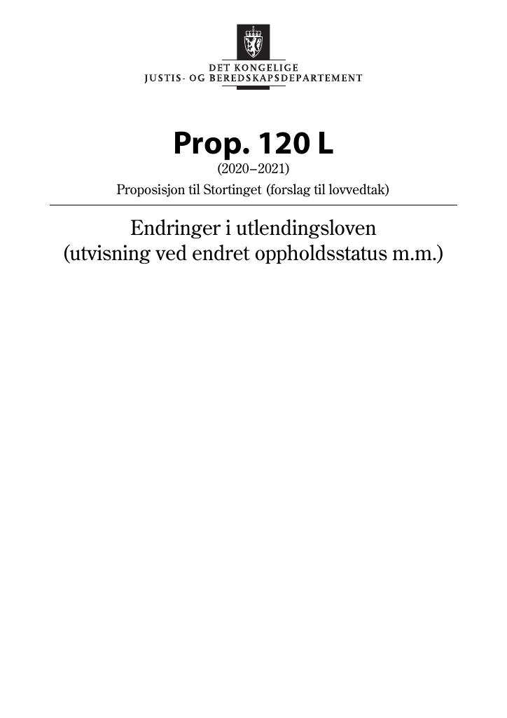 Forsiden av dokumentet Prop. 120 L (2020–2021)