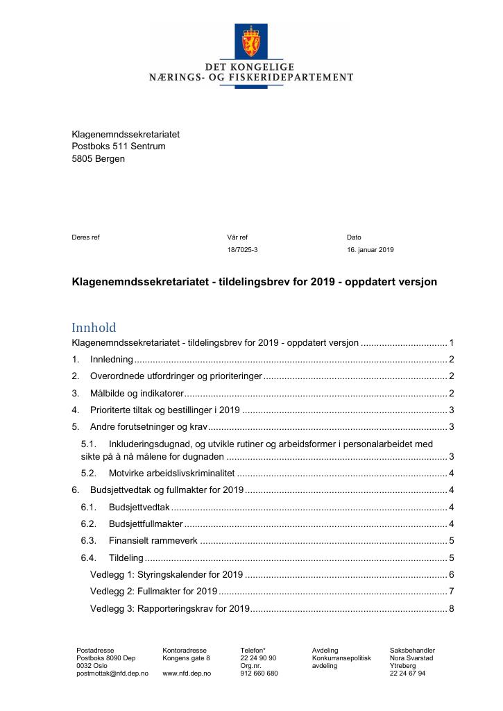 Forsiden av dokumentet Tildelingsbrev Klagenemndssekretariatet 2019