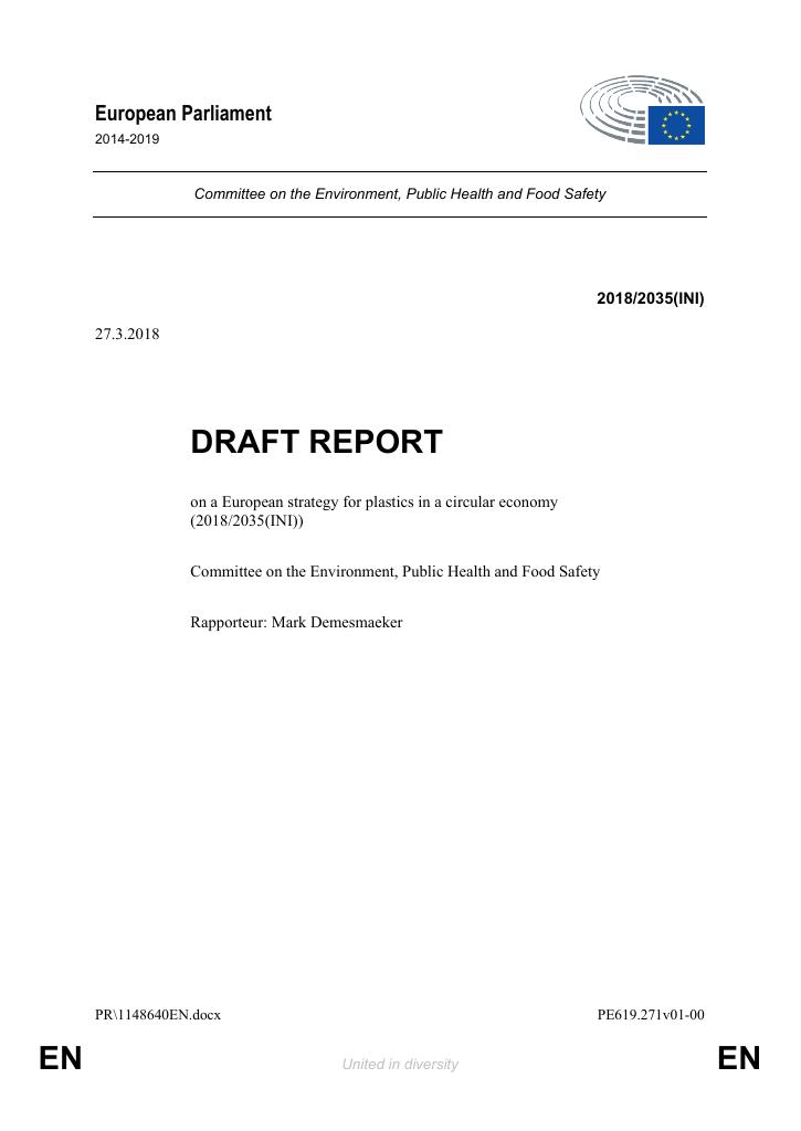Forsiden av dokumentet Draft Report on a European strategy for plastics in a circular economy