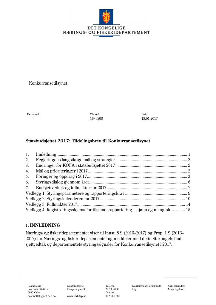 Forsiden av dokumentet Tildelingsbrev